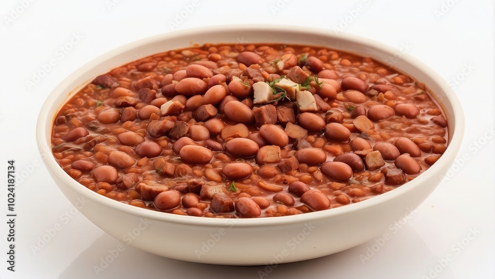 A comforting bowl of Boston baked beans with a thick, tomato-based sauce and pieces of savory pork, isolated on white A comforting bowl of Boston baked beans with a thick, tomato-based sauce and pieces of savory pork, isolated on white