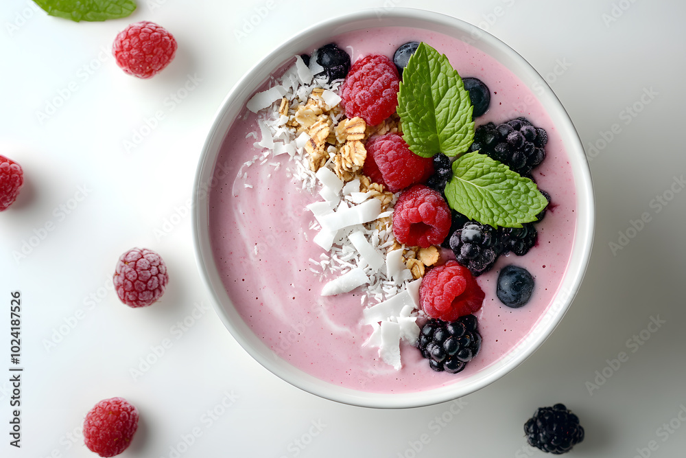 Vibrant mixed berry smoothie bowl with homemade granola, coconut shavings, and mint for a healthy meal Vibrant mixed berry smoothie bowl with homemade granola, coconut shavings, and mint for a healthy meal