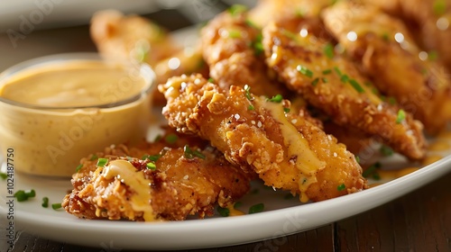 A plate of crispy chicken tenders with honey mustard dip