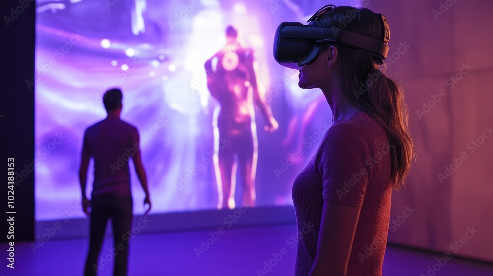 Woman Wearing VR Headset Viewing Digital Projection of a Person