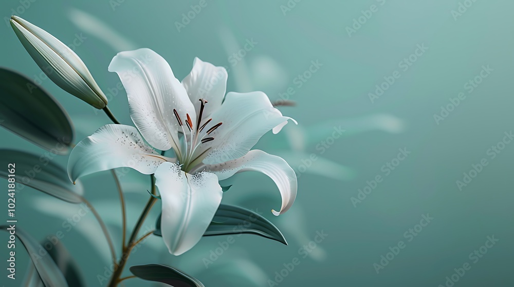 Fototapeta premium A delicate white lily flower isolated on a pale green background.