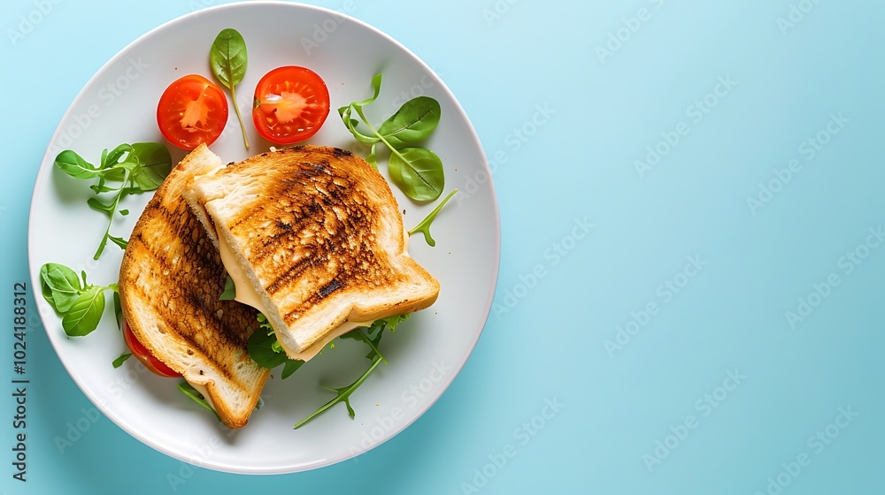 A plate of grilled cheese with tomato on bowl on blue background A plate of grilled cheese with tomato on bowl on blue background