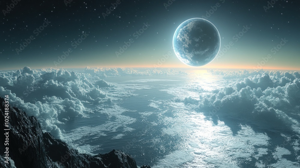 A large, blue planet rises above a sea of clouds in a night sky filled with stars, creating an otherworldly and mesmerizing scene. A large, blue planet rises above a sea of clouds in a night sky filled with stars, creating an otherworldly and mesmerizing scene.
