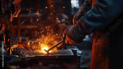 An artisan blacksmith forging metal in an outdoor workshop, the glow of molten iron and the rhythmic sound of hammering filling the air as they craft traditional tools