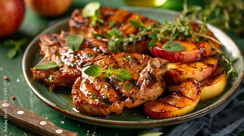 A plate of juicy grilled pork chops with apples on green background