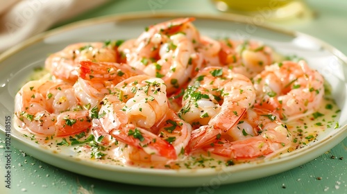 A plate of shrimp scampi with garlic butter on green background