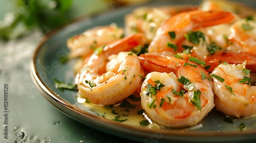 A plate of shrimp scampi with garlic butter on green background