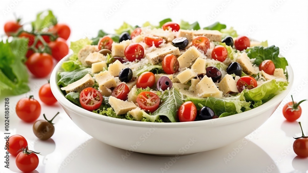 A hearty Caesar salad with added cherry tomatoes, sliced olives, and a generous amount of Parmesan cheese, isolated on white A hearty Caesar salad with added cherry tomatoes, sliced olives, and a generous amount of Parmesan cheese, isolated on white