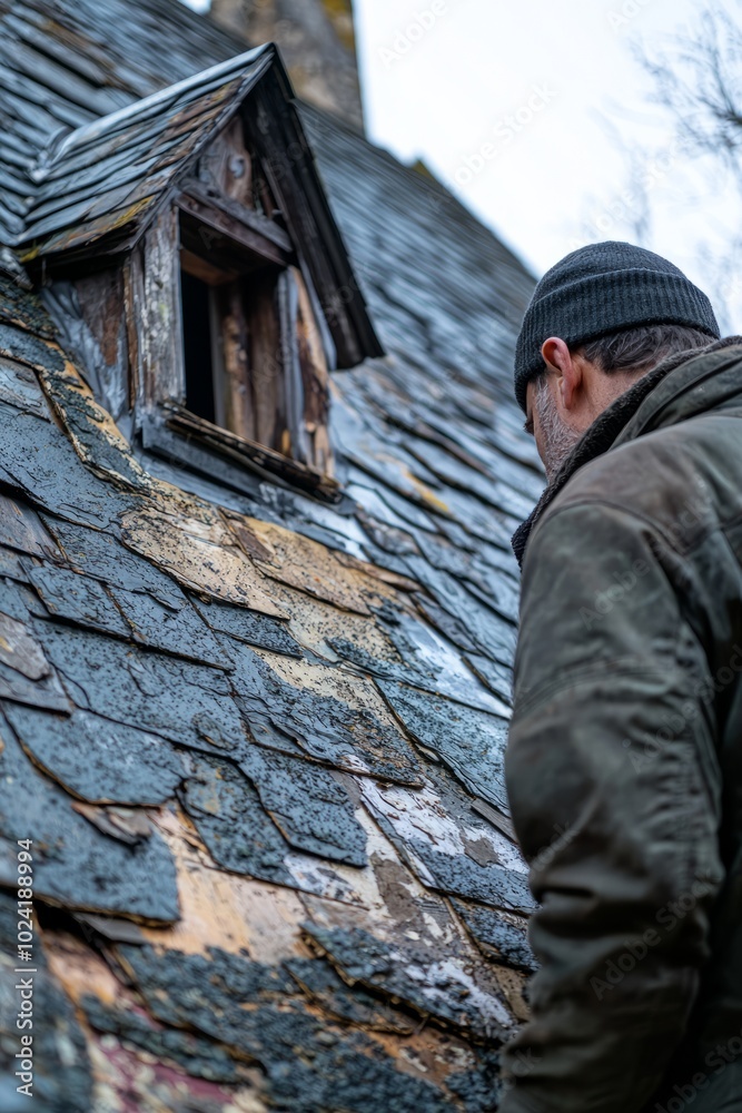 Inspector evaluating the condition of an old building's roof, looking for leaks or structural damage, Generative AI Inspector evaluating the condition of an old building's roof, looking for leaks or structural damage, Generative AI