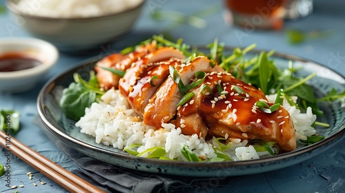 A plate of teriyaki chicken with steamed rice on blue background