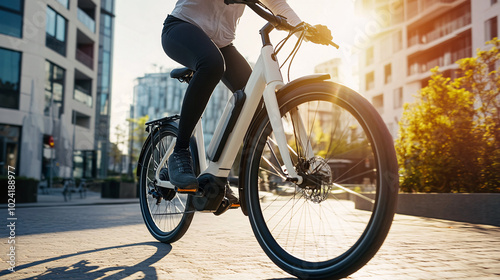 young woman riding white electric bicycle in city with sunlight  and trees