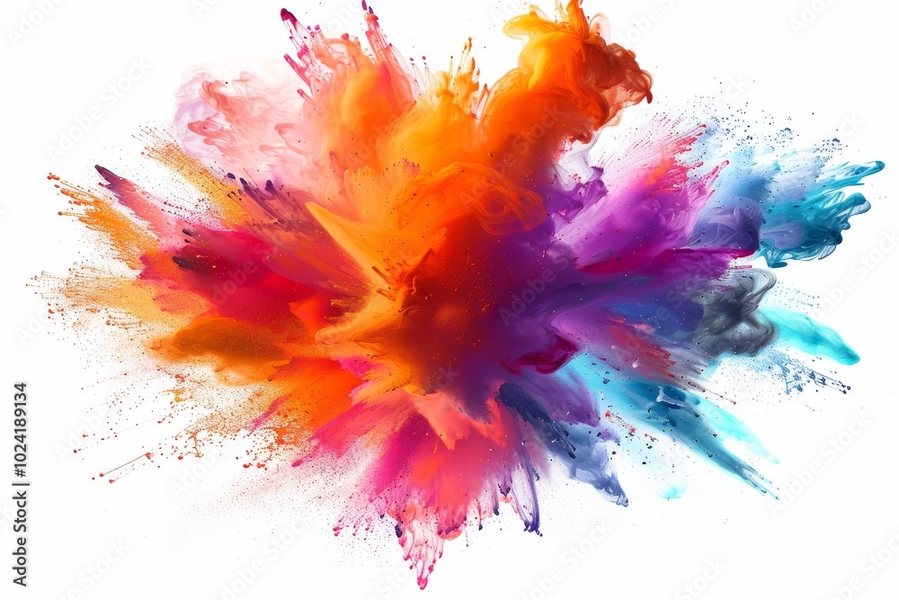 A colorful explosion of paint is splattered across a white background A colorful explosion of paint is splattered across a white background