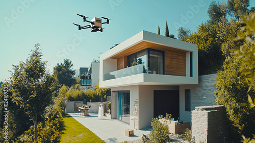 modern white house with drone delivery in the suburbs on a sunny day