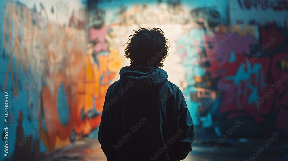 Obraz premium silhouette of a person in a black hoodie standing in front of a colorful graffiti wall