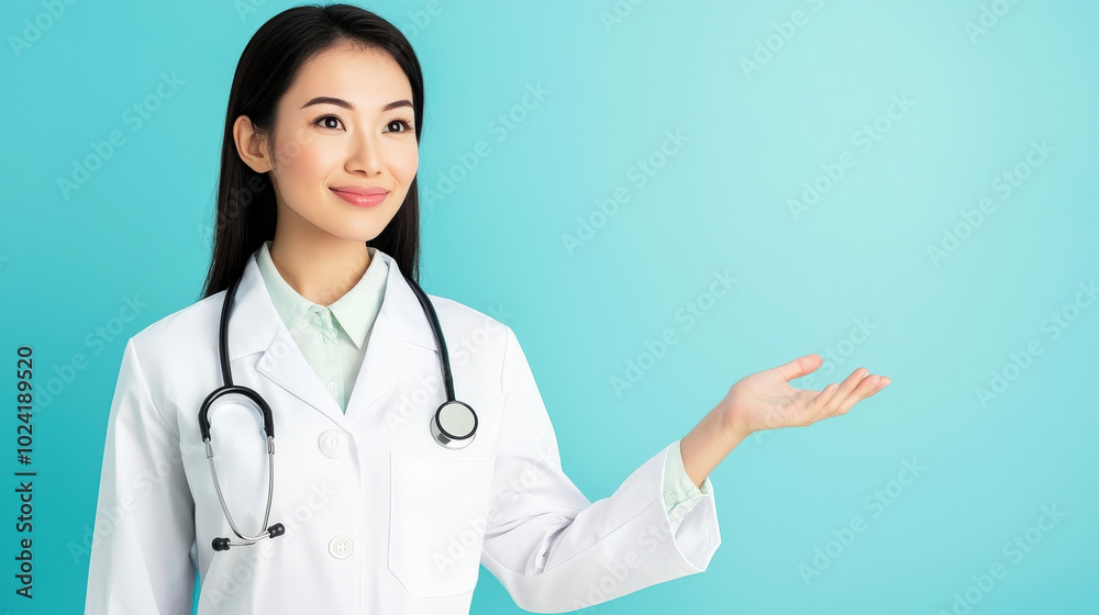 confident woman in white lab coat with stethoscope gestures invitingly against light blue background, embodying professionalism and warmth in healthcare setting confident woman in white lab coat with stethoscope gestures invitingly against light blue background, embodying professionalism and warmth in healthcare setting