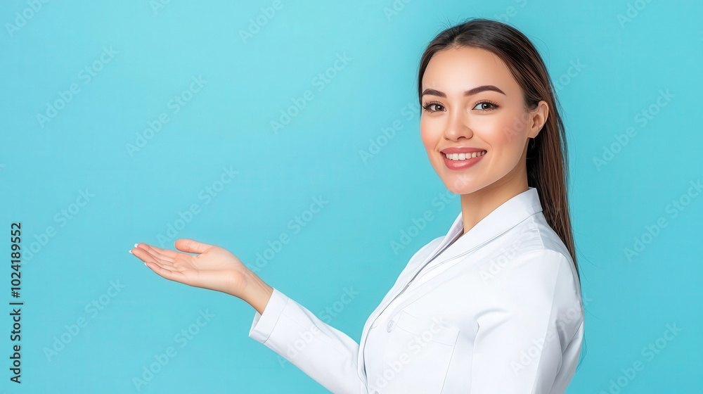 smiling woman in white coat gestures invitingly against bright blue background, exuding professionalism and warmth smiling woman in white coat gestures invitingly against bright blue background, exuding professionalism and warmth