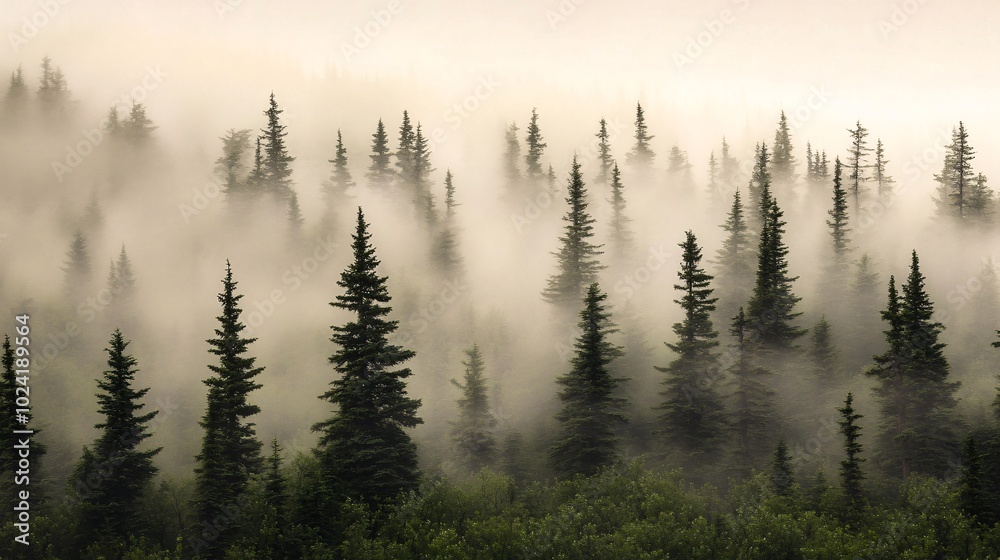 2410_120.foggy spruce forest vista, atmospheric mountain scenery, mist-covered evergreens, mystical woodland ambiance, dreamy nature photography, layered tree silhouettes, cool tonal palette 2410_120.foggy spruce forest vista, atmospheric mountain scenery, mist-covered evergreens, mystical woodland ambiance, dreamy nature photography, layered tree silhouettes, cool tonal palette