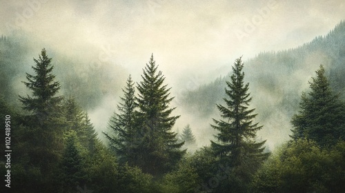 misty evergreen forest, atmospheric mountain landscape, fog-shrouded conifers, ethereal natural scenery, moody wilderness vista, layered tree silhouettes, soft diffused lighting