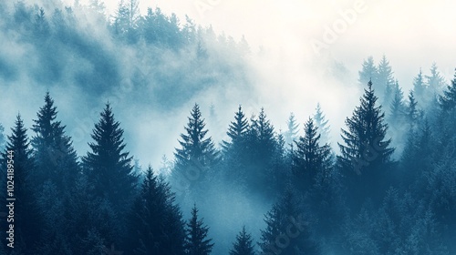 2410_120.foggy spruce forest vista, atmospheric mountain scenery, mist-covered evergreens, mystical woodland ambiance, dreamy nature photography, layered tree silhouettes, cool tonal palette