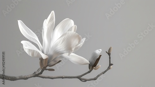 A delicate white magnolia flower isolated on a light gray background. photo