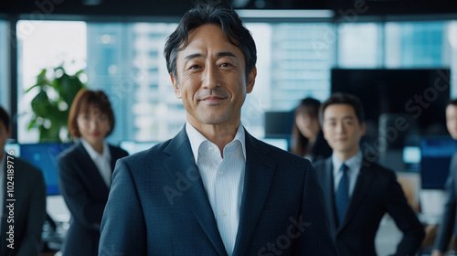 confident businessman stands in foreground, surrounded by colleagues in modern office setting, showcasing teamwork and professionalism