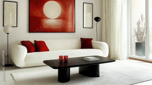 modern living room, minimalist design, cream and white color palette, contemporary art on walls, soft textured sofa, abstract artwork, black coffee table, cozy atmosphere, stylish decor, natural light