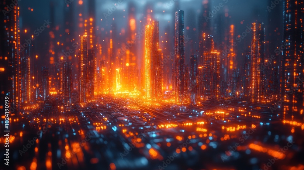 An abstract cityscape of glowing orange and blue lights, representing a futuristic city. An abstract cityscape of glowing orange and blue lights, representing a futuristic city.
