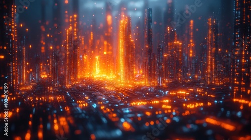 An abstract cityscape of glowing orange and blue lights, representing a futuristic city.