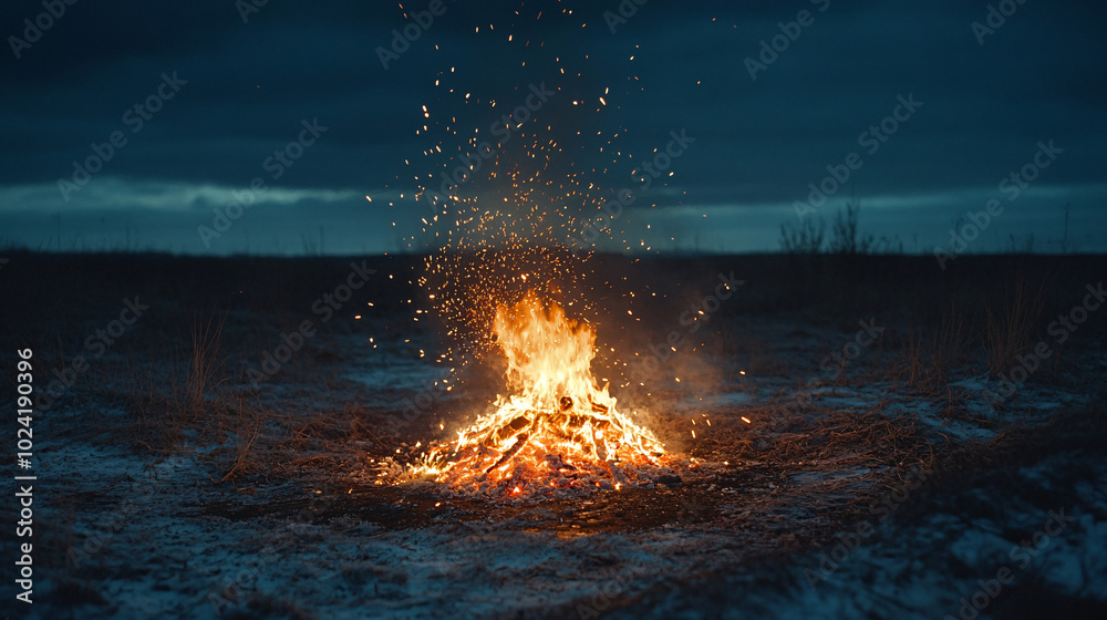Fototapeta premium warm campfire flames in the dark field with sparks flying upwards