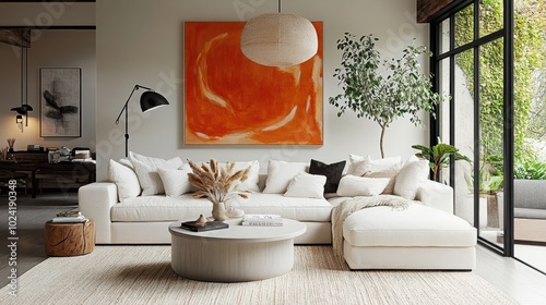 modern living room, large white sectional sofa, abstract orange artwork on wall, round coffee table, neutral color palette, cozy cushions, floor lamp with round shade, potted plants, natural light, mi