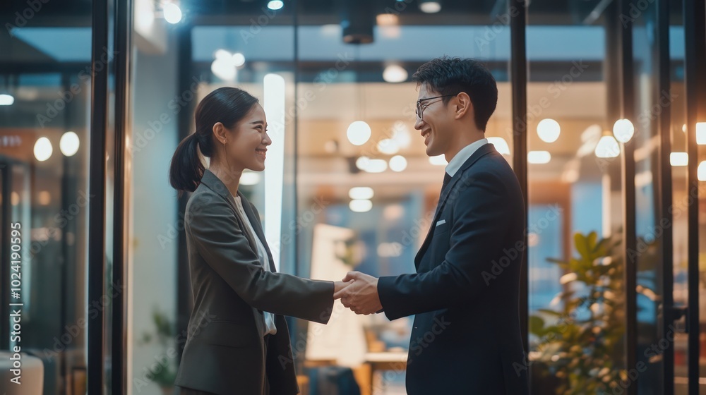 An Asian businessman shaking hands with a new business partner in a sleek, glass-walled office, sealing a deal with smiles and mutual respect