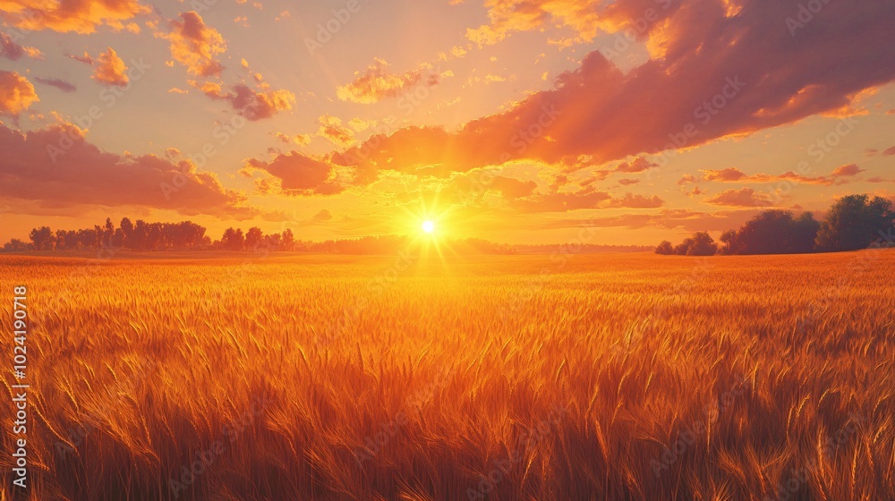 2410_136.golden wheat field stretching to horizon, warm sunset sky, vibrant orange clouds, sun rays piercing through, distant treeline, rural farmland landscape, photorealistic, high detail 2410_136.golden wheat field stretching to horizon, warm sunset sky, vibrant orange clouds, sun rays piercing through, distant treeline, rural farmland landscape, photorealistic, high detail