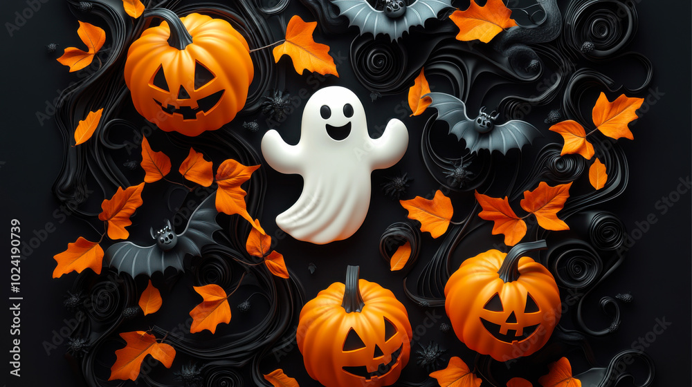 ghost and pumpkins on a gray background helloween day ghost and pumpkins on a gray background helloween day