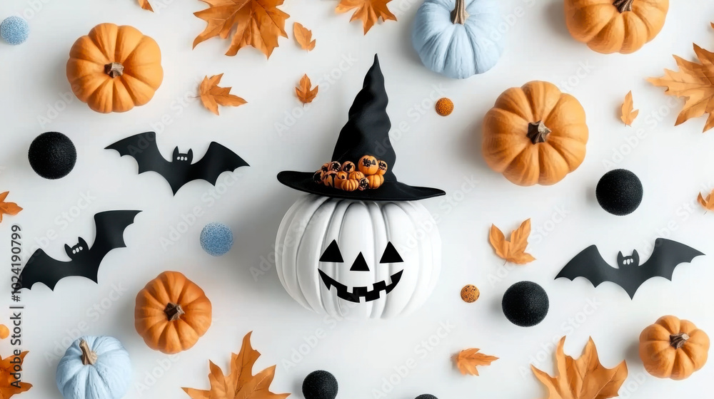 A festive Halloween flat lay featuring pumpkins, bats, and autumn leaves in classic black and orange colors. A festive Halloween flat lay featuring pumpkins, bats, and autumn leaves in classic black and orange colors.