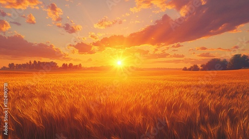 2410_136.golden wheat field stretching to horizon, warm sunset sky, vibrant orange clouds, sun rays piercing through, distant treeline, rural farmland landscape, photorealistic, high detail