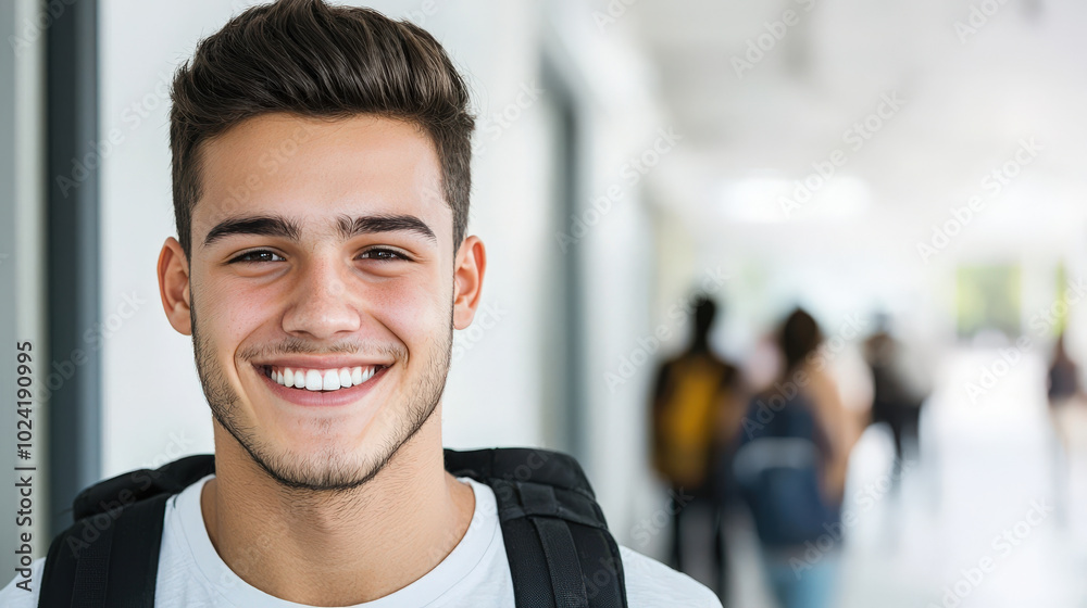 Obraz premium young man with bright smile stands confidently in school hallway, showcasing positive and approachable demeanor. His casual attire and backpack suggest student environment