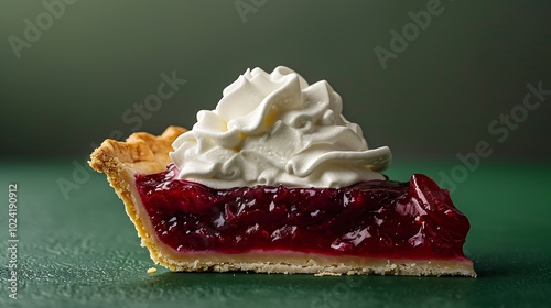 A slice of cherry pie with whipped cream on green background photo