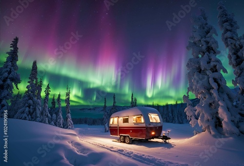 Caravan Under Stunning Northern Lights in Winter Forest