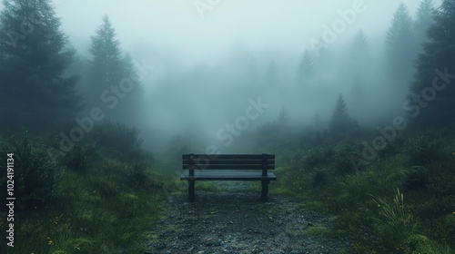 A solitary bench in a misty forest landscape.