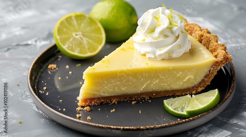 A slice of key lime pie with whipped cream on grey background