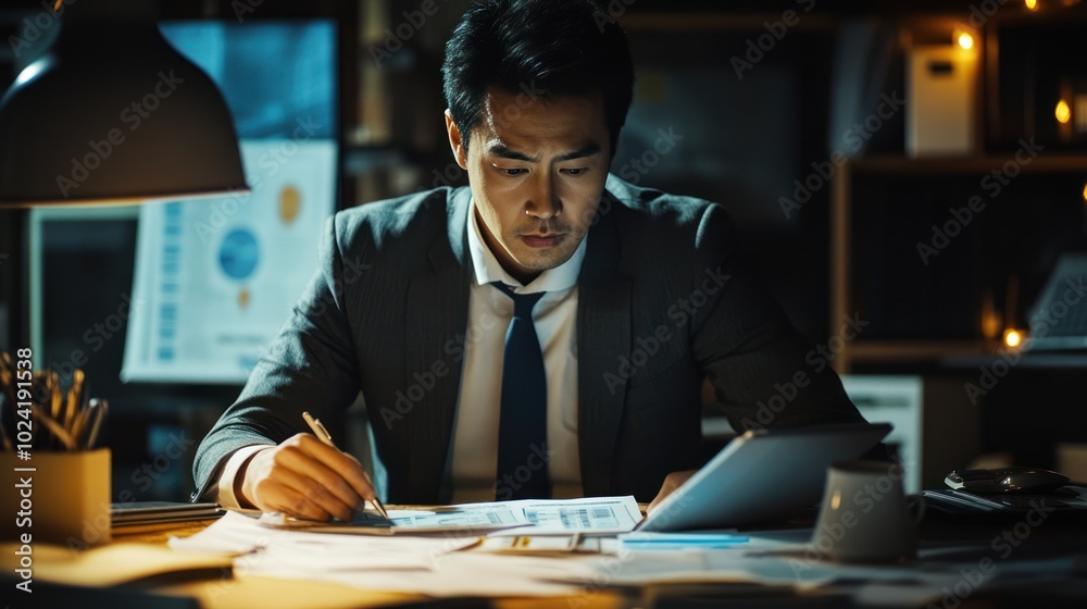 An Asian businessman working late in a dimly lit office, with papers scattered across the desk and a tablet showing financial reports, reflecting focus and determination An Asian businessman working late in a dimly lit office, with papers scattered across the desk and a tablet showing financial reports, reflecting focus and determination