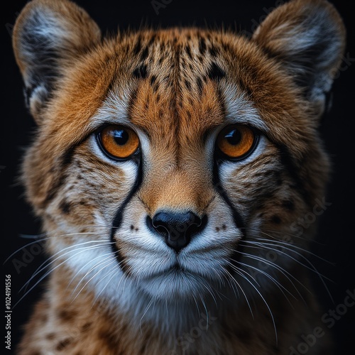 A close-up portrait of a cheetah with striking orange eyes against a dark background.