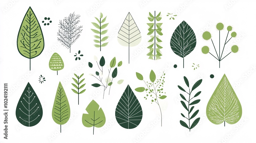 Fototapeta premium geometric nature icons, minimal green shapes, abstract leaf patterns, bauhaus-inspired design, flat vector art, organic forms, tessellating tiles