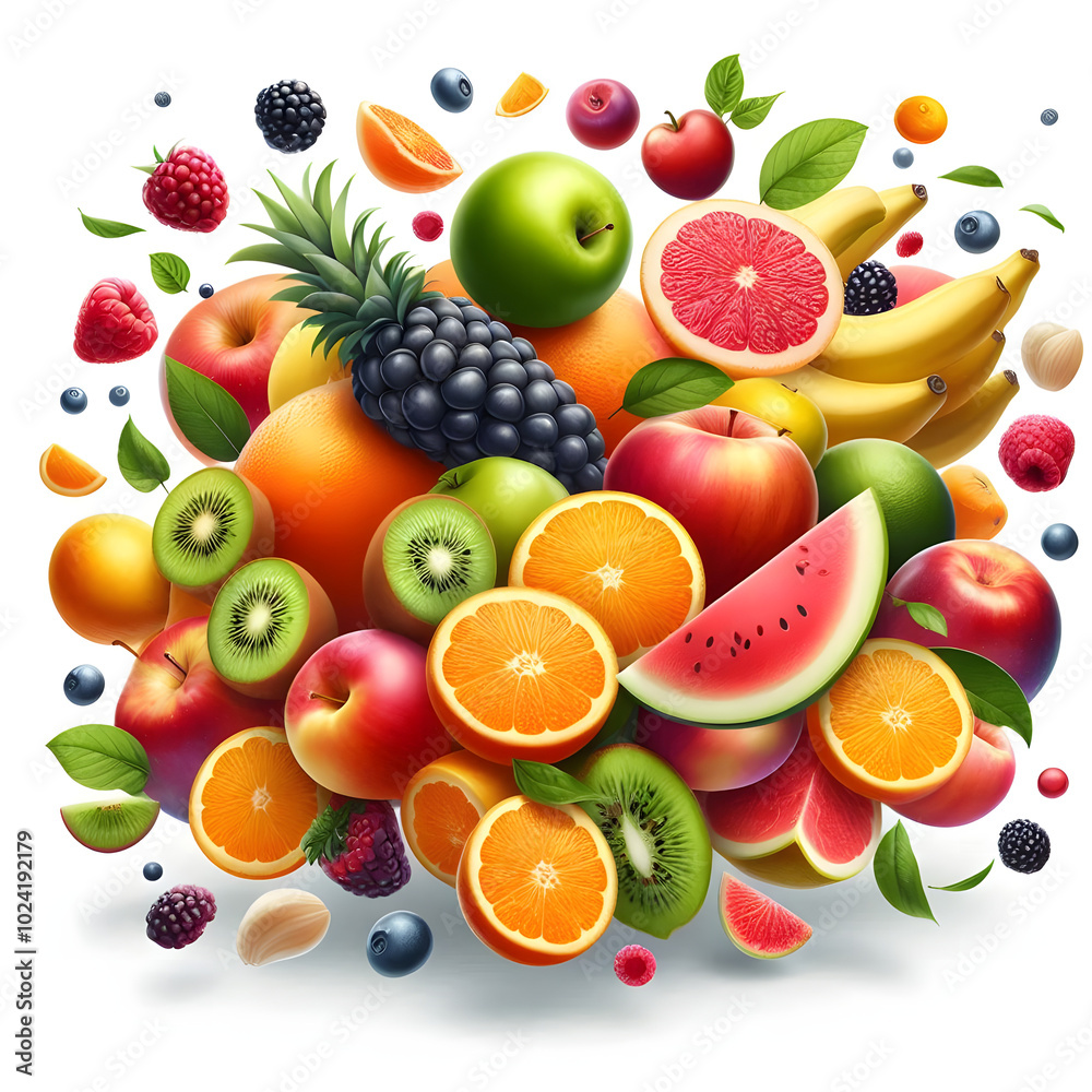 The image depicts various fruits flying on a white background, with a transparent background.