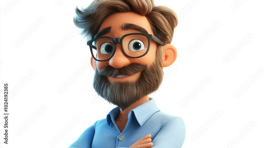 A cheerful cartoon character with glasses and a beard, showcasing a friendly demeanor and stylish attire. A cheerful cartoon character with glasses and a beard, showcasing a friendly demeanor and stylish attire.