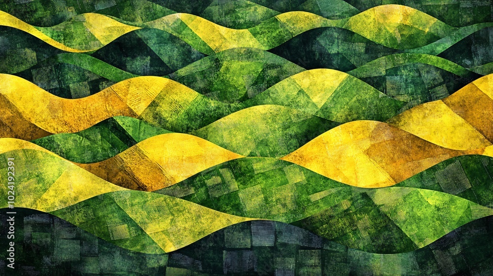 2410_146.aerial view farmland mosaic, geometric crop fields, patchwork landscape, vibrant green and yellow hues, abstract agricultural patterns, textured vector illustration 2410_146.aerial view farmland mosaic, geometric crop fields, patchwork landscape, vibrant green and yellow hues, abstract agricultural patterns, textured vector illustration