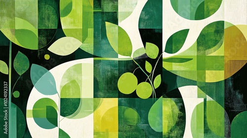 bauhaus-style nature collection, abstract leaf and fruit forms, tessellating green designs, simplified organic patterns, contemporary botanical art, modular environmental symbols photo