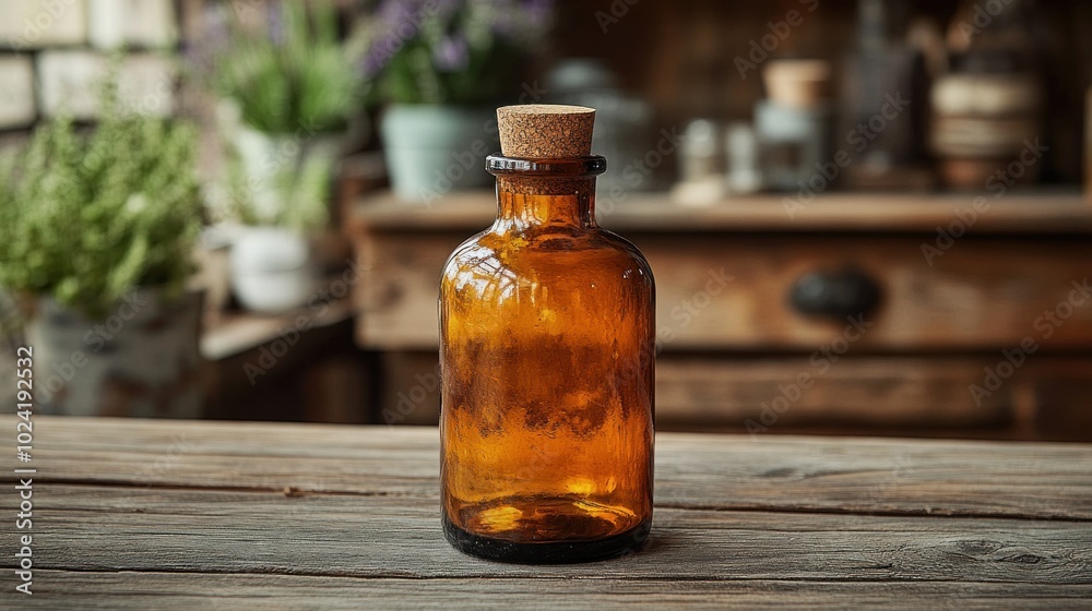 Glass bottle with cork stopper on a wooden table in a rustic setting. Glass bottle with cork stopper on a wooden table in a rustic setting.