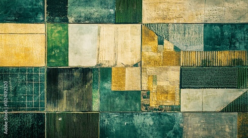 2410_148.overhead view of cultivated land, abstract geometric field divisions, varied farming textures, green and golden patchwork, minimalist agricultural representation photo