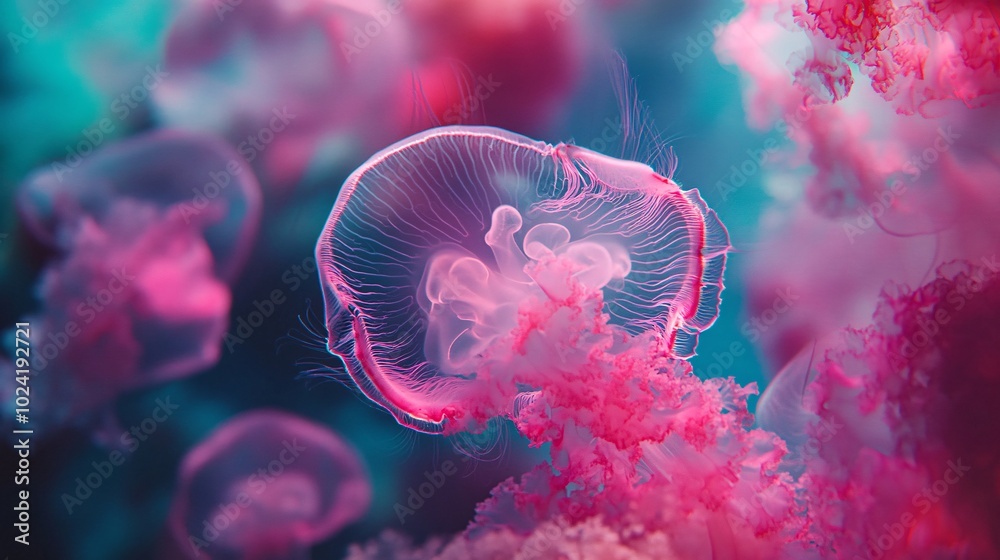 Obraz premium vibrant marine life, translucent jellyfish bodies, neon pink and teal color palette, macro underwater shot, floating sea creatures, surreal ocean depths